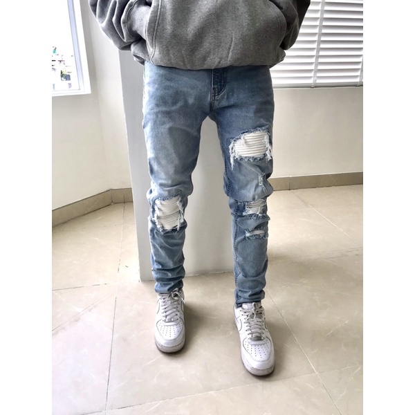 Quần jean nam biker cao cấp màu xanh wash vintage KQ37 , form slimfit ôm vừa, chất jean co giãn thoải mái.