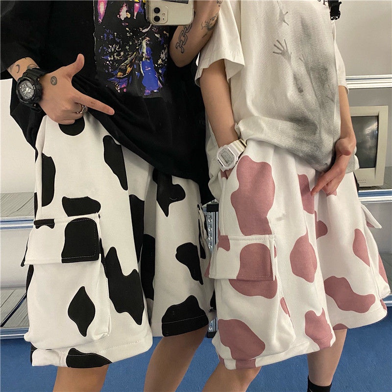 Spot2021Summer Street Trendy Workwear Shorts Male and Female Students Couple Trendy Brand Cow Full Printed Loose Sports Shorts for Women Shorts Pants Fashion Pants Wide-Leg Shorts High-Waist Shorts