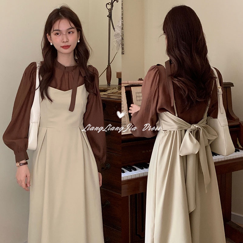 (ORDER) Bộ váy yếm hai dây xòe dài + Áo sơ mi voan dài tay điệu đà style vintage Hàn Quốc