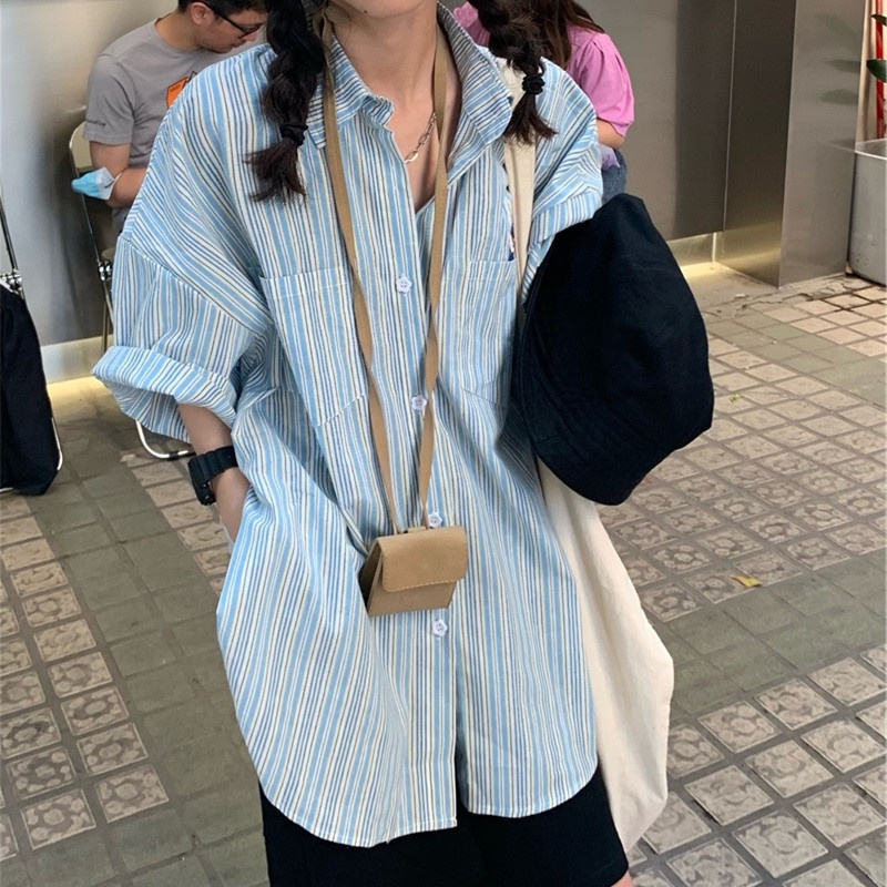NRVP Áo sơ mi tay ngắn dáng rộng thời trang Hàn Quốc cá tính cho nữ