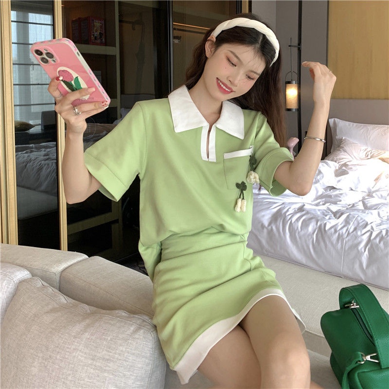 Summer 2022 new sweet collision color Polo leading college style small casual avocado green blouse set girl