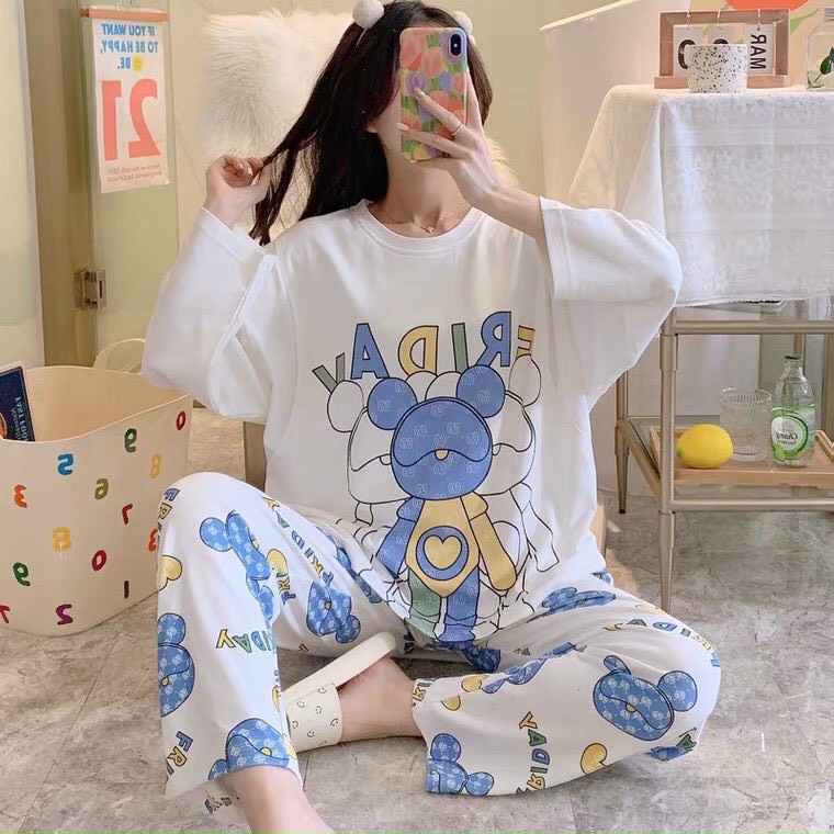 Bộ đồ nữ dài tay- Bộ pyjama mặc nhà, mặc ngủ in hình gấu siêu xinh chất vải thun cotton 4 chiều mịn thoáng mát