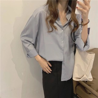 Áo sơ mi dài tay cổ polo dài tay màu ghi xanh tông trầm kiểu ulzzang thời trang Hàn Quốc