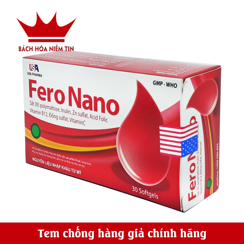 Bổ máu Fero Nano bổ sung Sắt, Acid Folic cho người thiếu máu, phụ nữ mang thai và cho con bú - Hộp 30 viên dùng 30 ngày