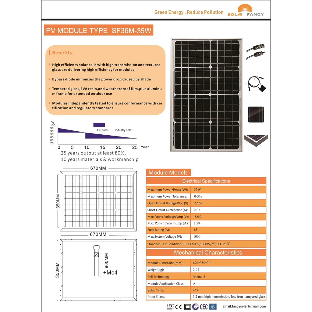 TẤM PIN NĂNG LƯỢNG MẶT TRỜI MỚI 9bb MONO 35W HÀNG CHÍNH HÃNG SOLARFANCY(được tặng Jack mc4))