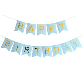 Banner Happy Birthday màu xanh da trời chữ nhũ vàng