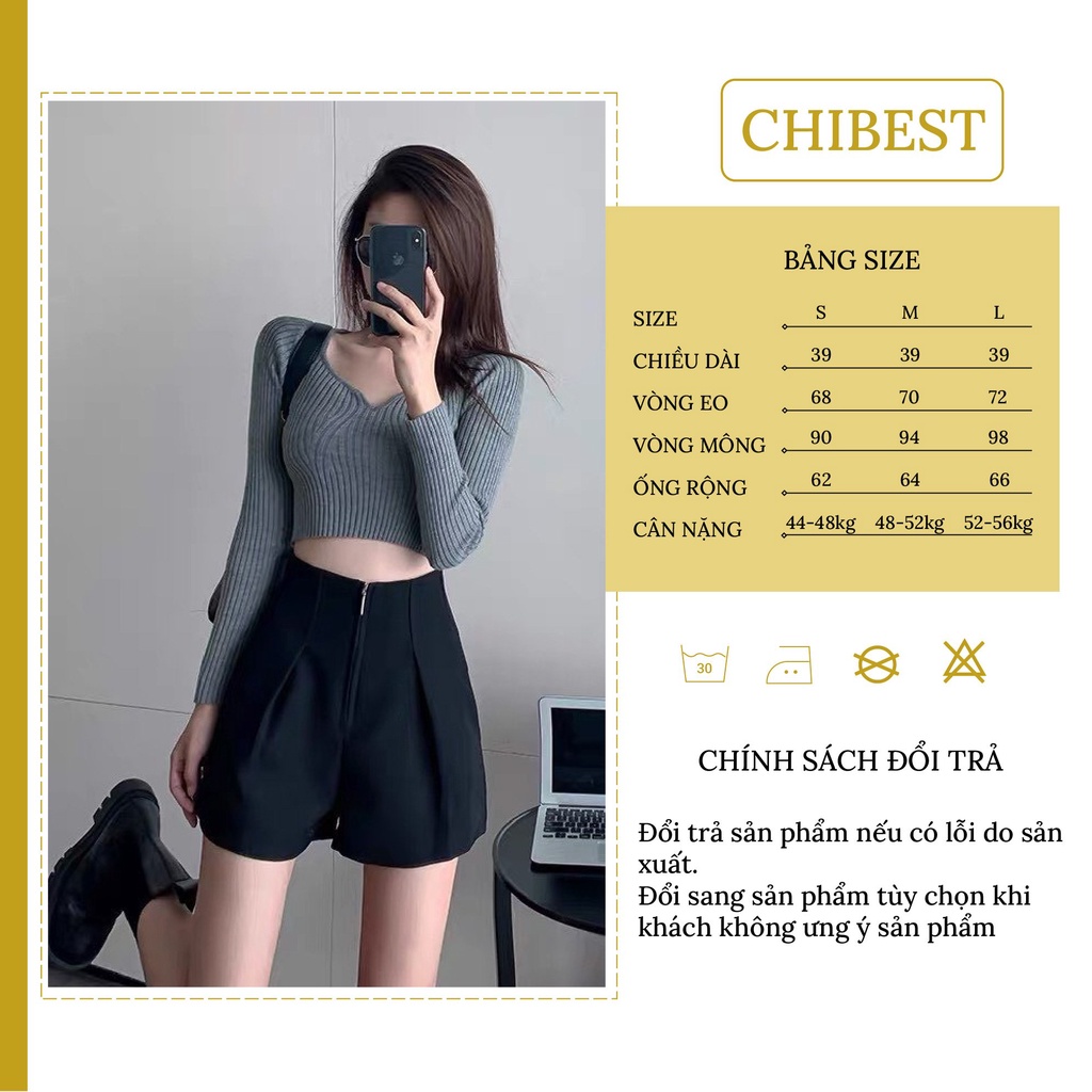 Quần short nữ cạp cao ống rộng lưng liền khóa trước chất vải tuyết mưa siêu dày dặn  CHIBEST YQB211