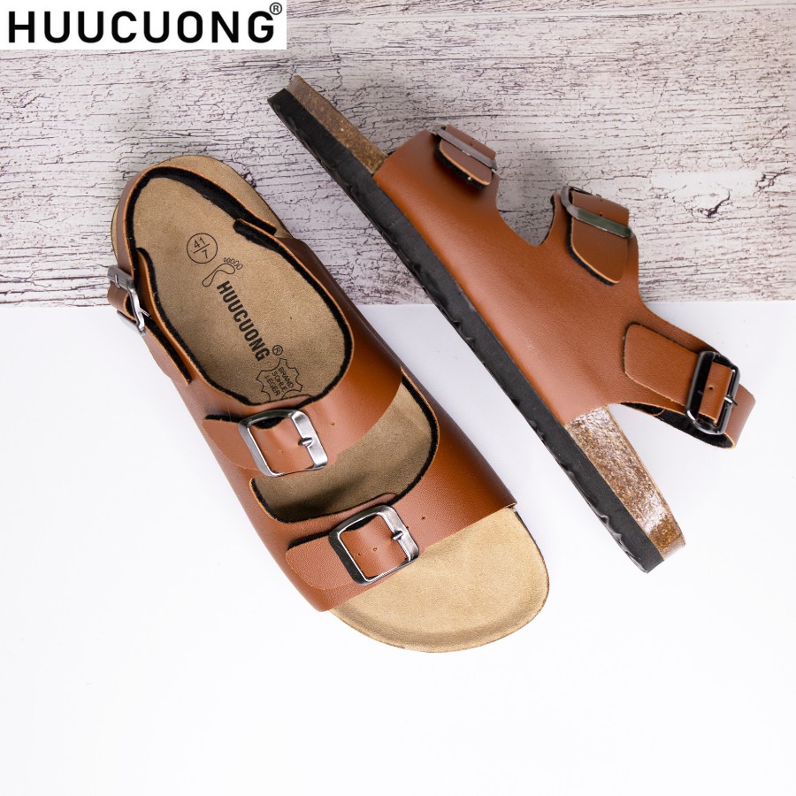 Giày Sandal Unisex thời trang HuuCuong -2 khóa pu nâu đế trấu