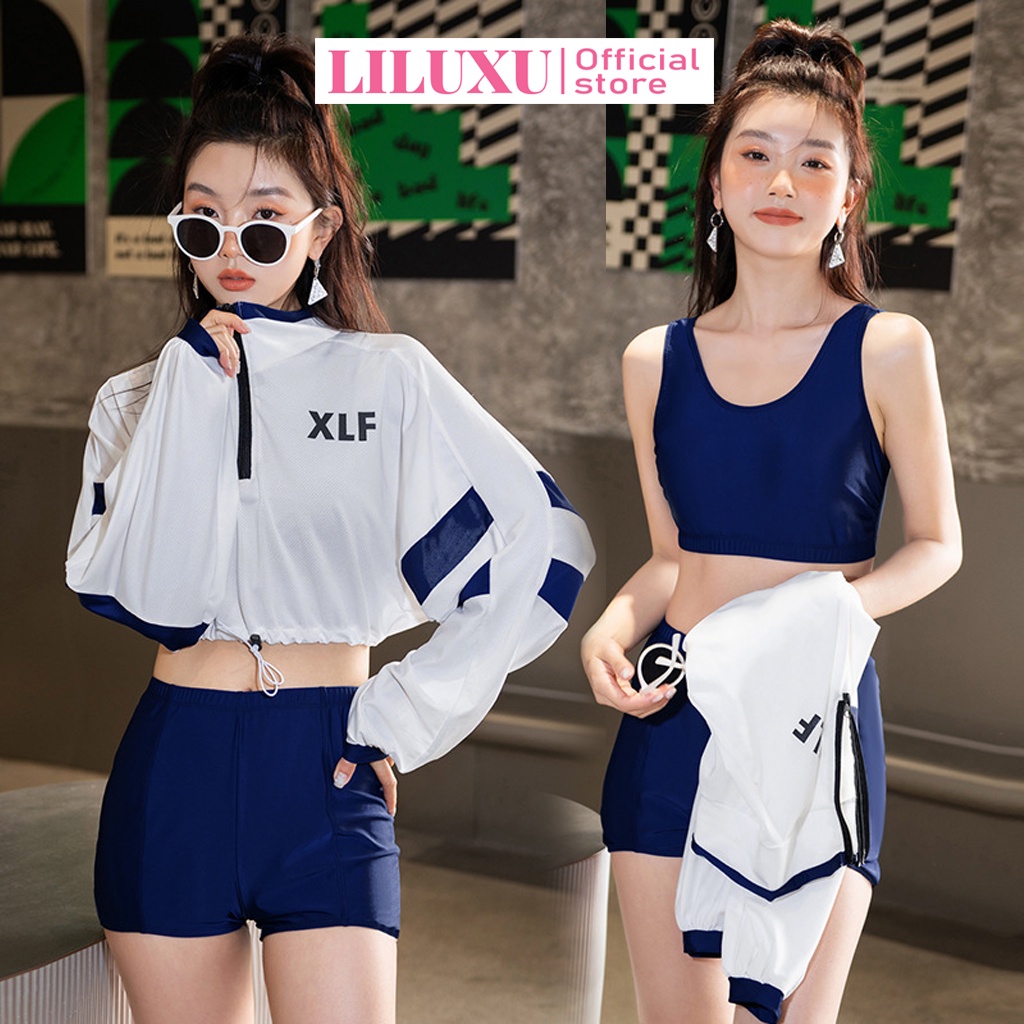 Set Đồ Bơi 3 Món Kèm Áo Ba Lỗ Quần Đùi Và Áo Dài Tay Khóa Kéo Xanh Trắng Kín Đáo Bikini Đi Biển Cao Cấp - Liluxu Store