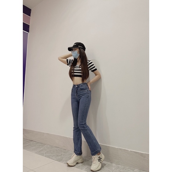 Quần jean nữ ống loe dáng dài, jean ống vẩy dài cho nữ cực xinh màu xanh nhạt.