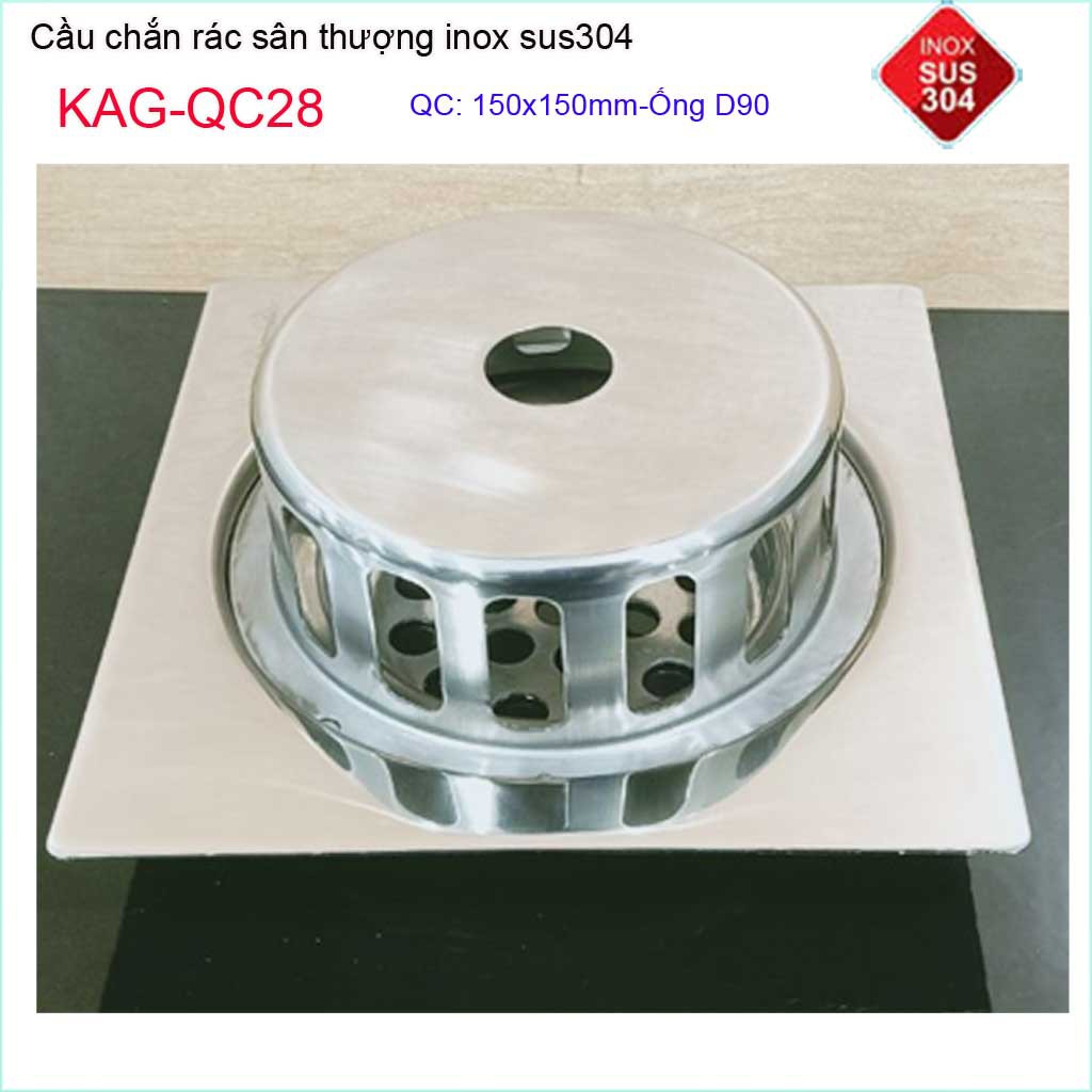 Cầu chắn rác đế vuông 15x15cm D90 KAG-QC28, thoát nước sân thượng SUS304 ống 9cm thoát nhanh chắn rác tốt