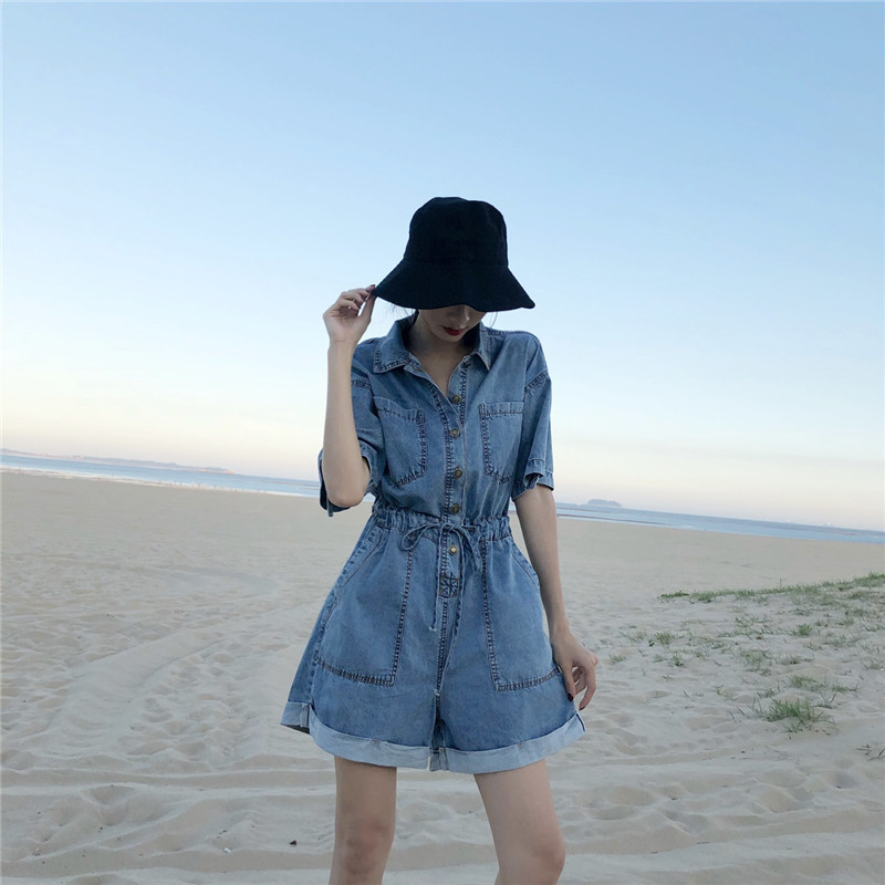 Áo liền quần denim dáng ngắn ống rộng eo cao tay ngắn màu xanh dương nhạt thời trang mùa hè cho nữ