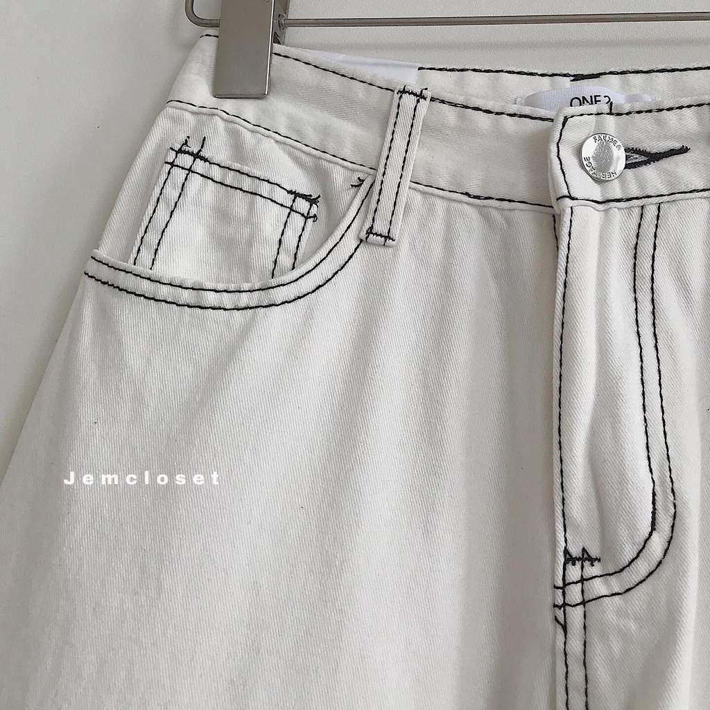 Quần Jeans Nữ Ống Đứng JEM CLOSET Cá Tính Quần Bò Ống Rộng JEON Chỉ Viền Style Năng Động Có Ba Màu Be Trắng Đen 2729
