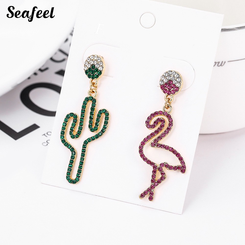 SF Hollow Rhinestone Cactus Flamingo Dangle Asymmetric Stud Earrings Jewelry