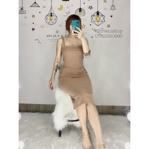 Váy hai dây ôm body bản to dáng dài len tăm quyến rũ sang chảnh