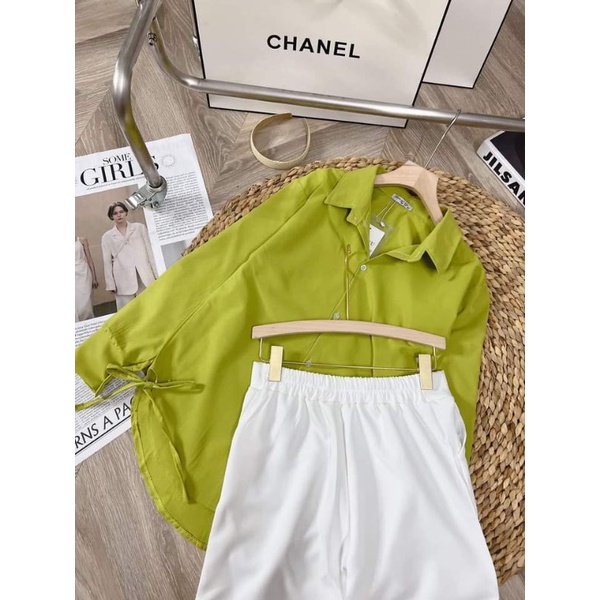 SET ÁO SƠ MI XANH BƠ THẮT NƠ DÂY RÚT MIX QUẦN  ĐŨI TRẮNG