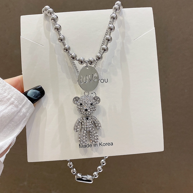 Vòng cổ Thép Titan Hai Lớp Mặt Hình Gấu Đính Đá Toàn Diện Phong Cách Hip hop Cho Nam Nữ