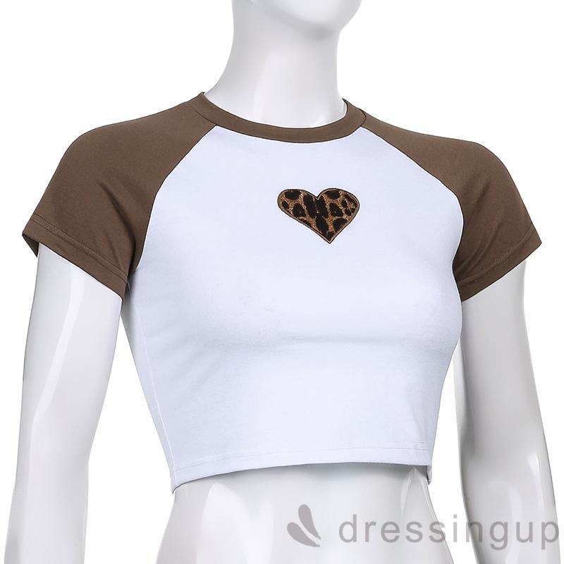 Áo Thun Tay Ngắn Cổ Thuyền In Họa Tiết Trái Tim / Da Báo Dễ Thương Cho Nữ