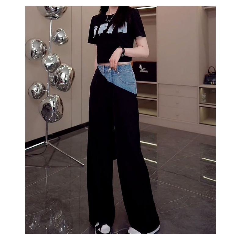 Quần Jean Ống Rộng Cạp Cao Bằng Lụa Băng Mỏng Ghép Vải Tencel Thiết Kế Cảm Giác Mới Mùa Hè Dành Cho Bạn Nữ