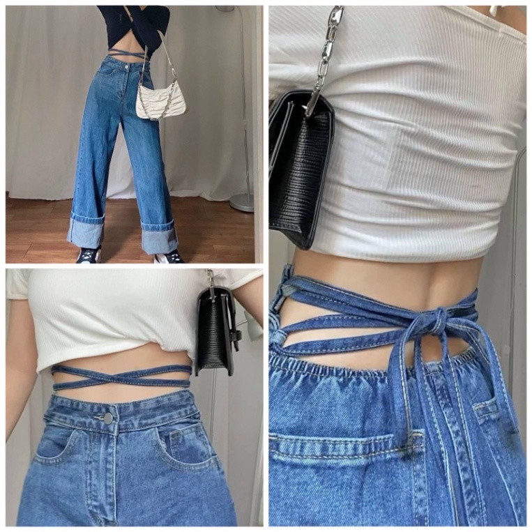 Quần jeans ống xuông rộng baggy lưng cao buộc dây bụng siêu hot - JJ0N