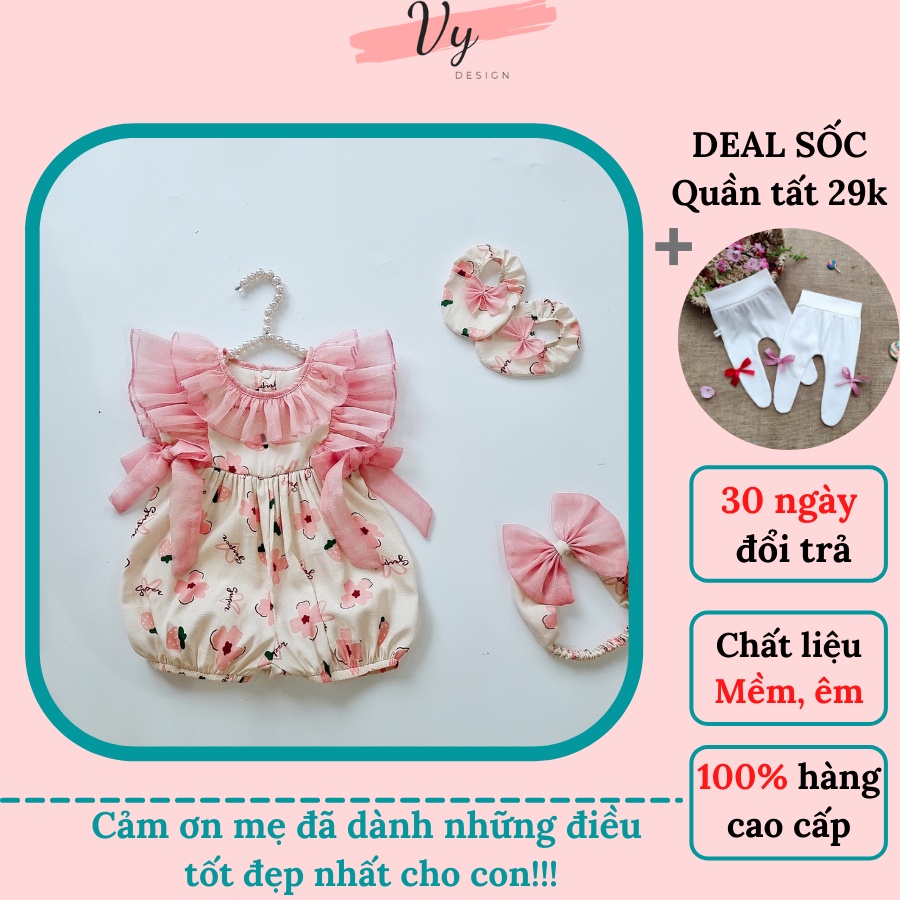 Váy Body Bé Gái Sơ Sinh 0 12 Tháng VY DESIGN. Body Đùi Bé Gái Nơ Hồng Chất Mát Kèm Băng Đô, Giày. Bodysuit Cho Bé Gái
