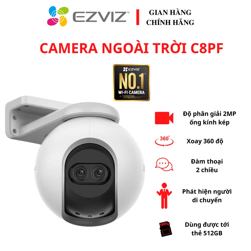 Camera WIFI ngoài trời xoay 360 ỐNG KÍNH KÉP EZVIZ C8PF 2MP hàng chính hãng