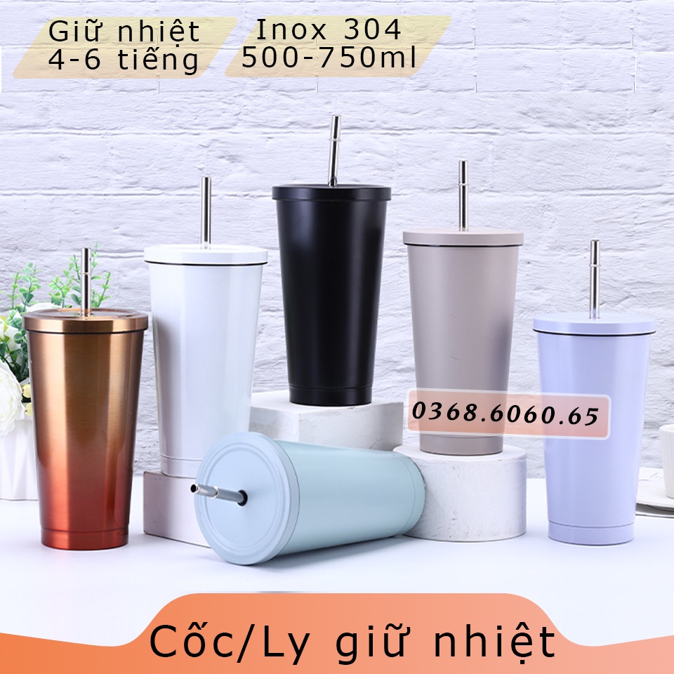 Ly giữ nhiệt - Inox 304 - Tặng kèm ống hút - Giữ nhiệt 6 tiếng - 750ml & 500ml - Bình giữ nhiệt - Cốc giữ nhiệt