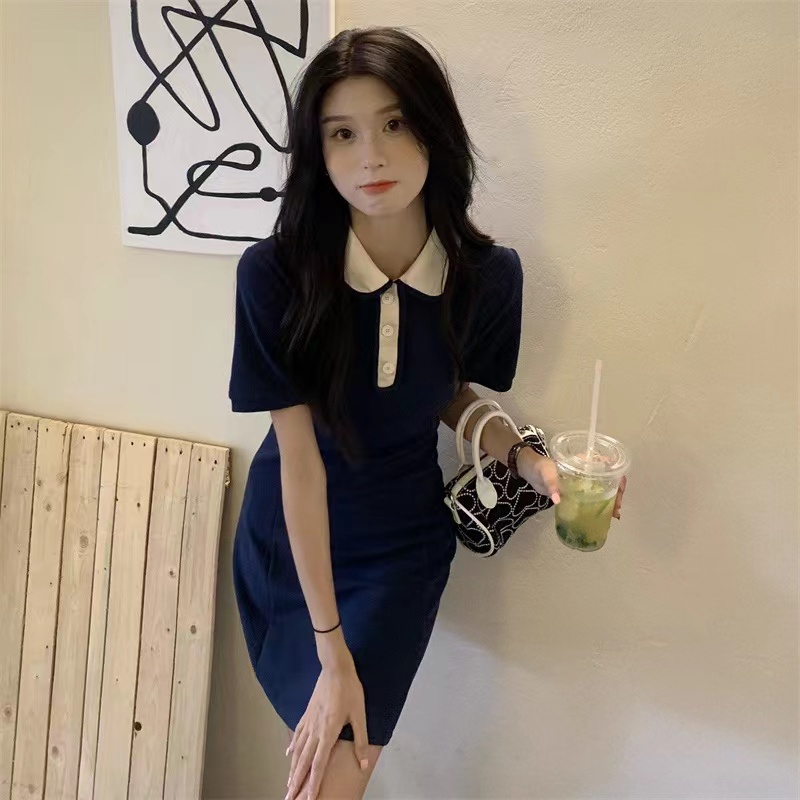 IELGY    college style short sleeve polo collar slim dresses women