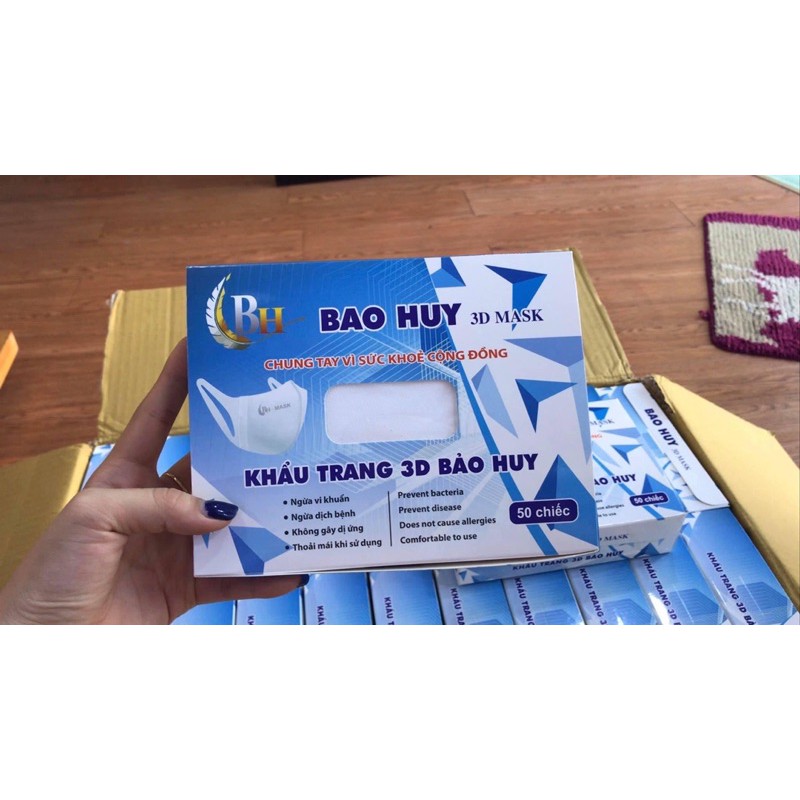 Khẩu trang 3D mask Bảo Huy công nghệ Nhật Bản chống bụi cao cấp hộp 50 cái màu trắng trơn