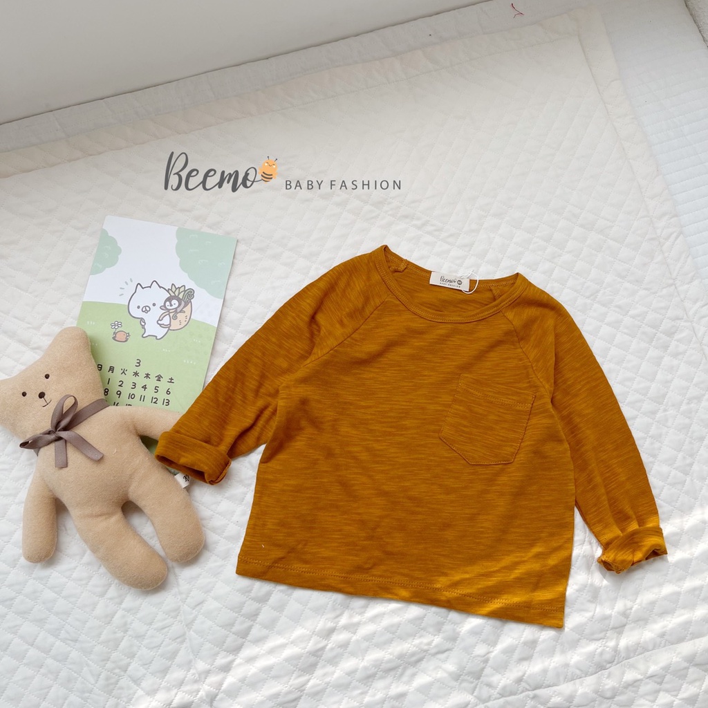 Áo phông dài tay cotton Beemo cho bé trai, bé gái trơn phối túi 6 màu basic - 21A062