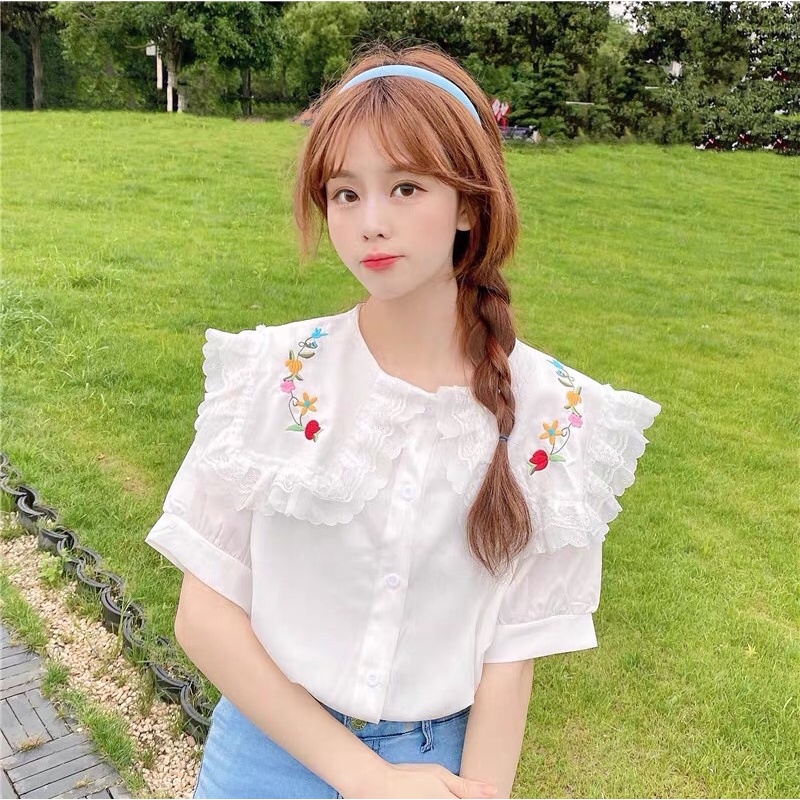 Áo sơ mi tay bồng-cổ bèo thêu hoa