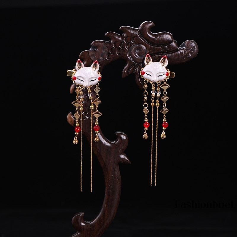 Kẹp tóc hình thỏ cáo tua rua dễ thương phối với đồ Kimono Hanfu cho nữ