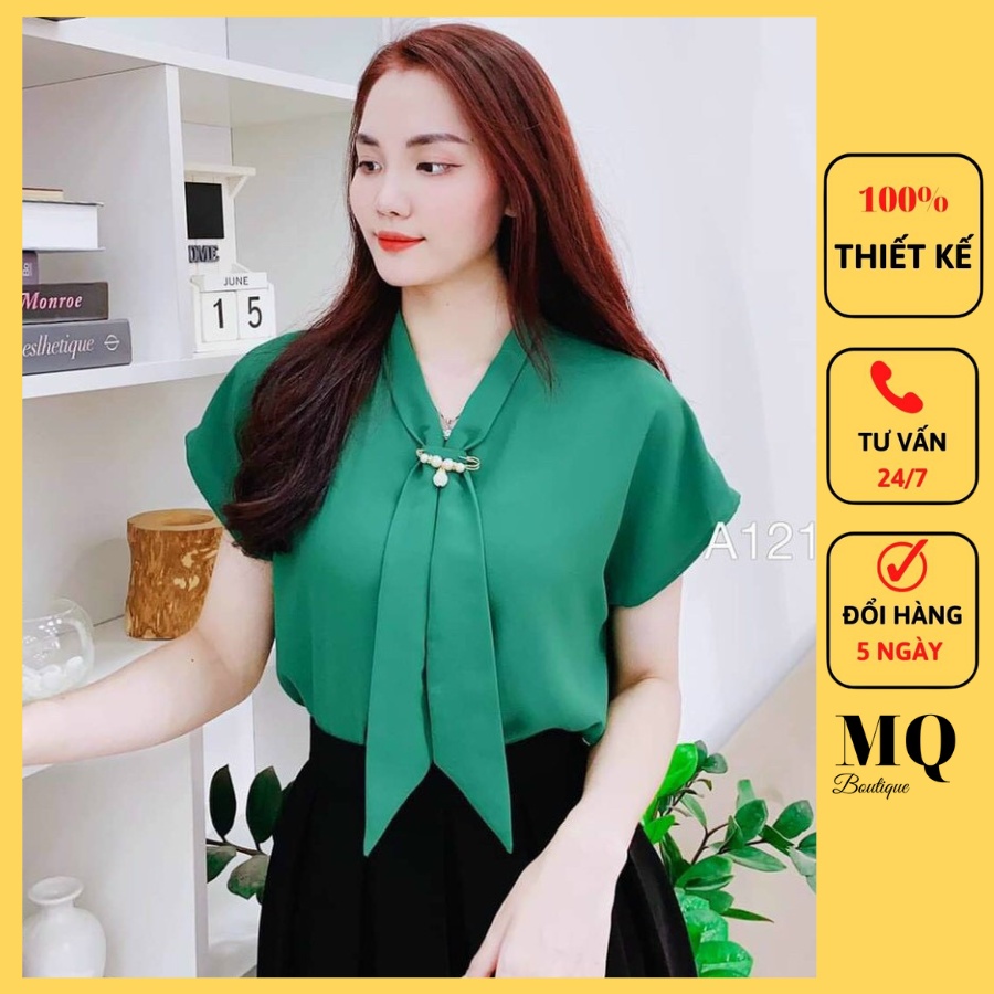 Áo sơ mi nữ lụa cộc tay cao cấp công sở trơn cổ nơ đính gim hạt ngọc nhiều màu , áo sơ mi thiết kế MQ Boutique