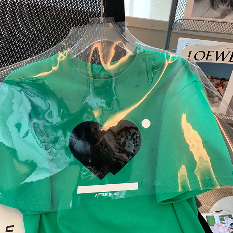 Áo Thun Cổ Tròn Tay Ngắn Dáng Rộng In Họa Tiết Trái Tim Thời Trang Mùa Hè Phong Cách Hàn Quốc Mới Cho Nữ