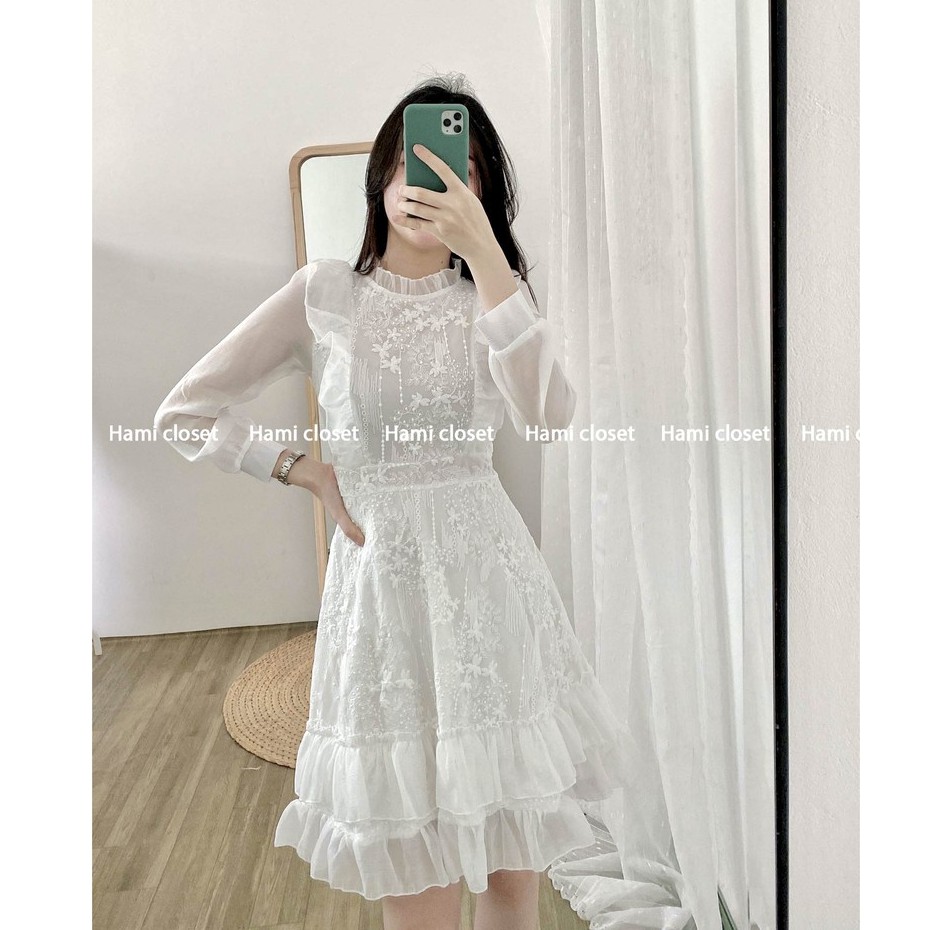 Váy thiết kế thêu hoa ren chất voan tơ dáng đầm ôm xếp ly hai tầng hàng chuẩn có size Mã V004