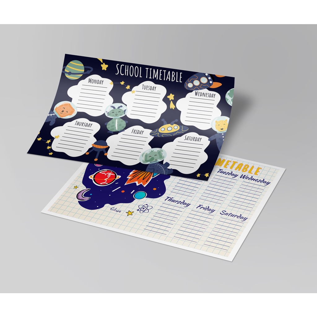 Set 2 thời khóa biểu - timetable hành tinh, planet, vũ trụ không gian giấy decan dễ thương kích thước A5