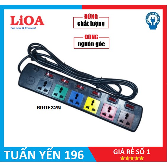 Ổ cắm điện 6 lỗ 6 công tắc LIOA Model 6DOF32N, ~2000W, dây dài 3m