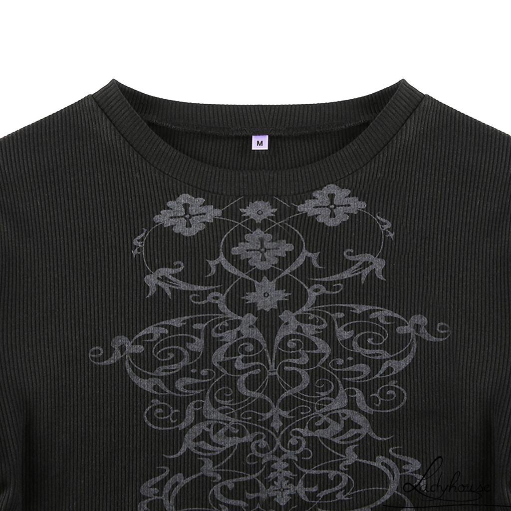 Áo Thun Tay Dài Cổ Tròn In Họa Tiết Vintage Dành Cho Nữ