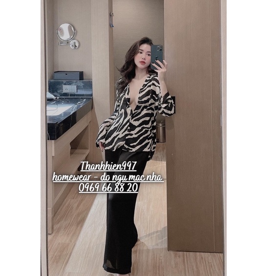 Pijama dài dài studio xọc đen nữ