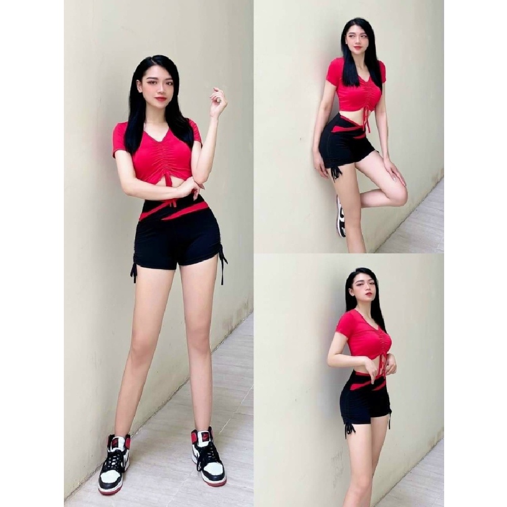 Set bộ áo croptop quần đùi rút dây siêu xinh (đồ tập gym-yoga nữ)
