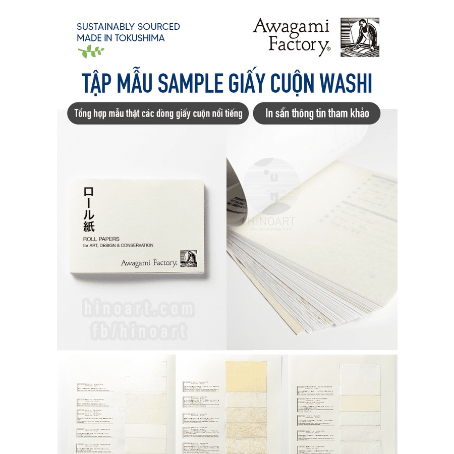 TUYỂN TẬP MẪU GIẤY CUỘN WASHI AWAGAMI ROLL PAPER SAMPLE BOOK - KÈM MẪU THẬT VÀ IN SẴN THÔNG SỐ THAM KHẢO 10 X 14.5CM