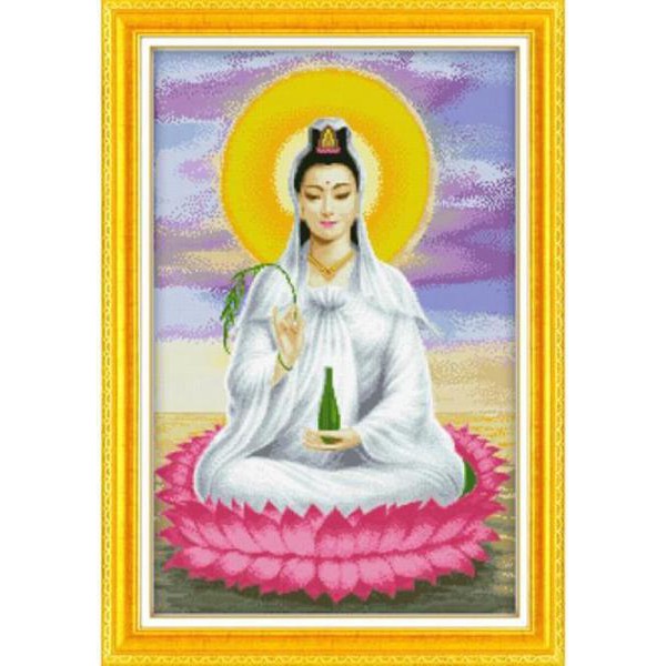 Tranh thêu chữ thập Quan âm ngồi tọa sen - 2 333020