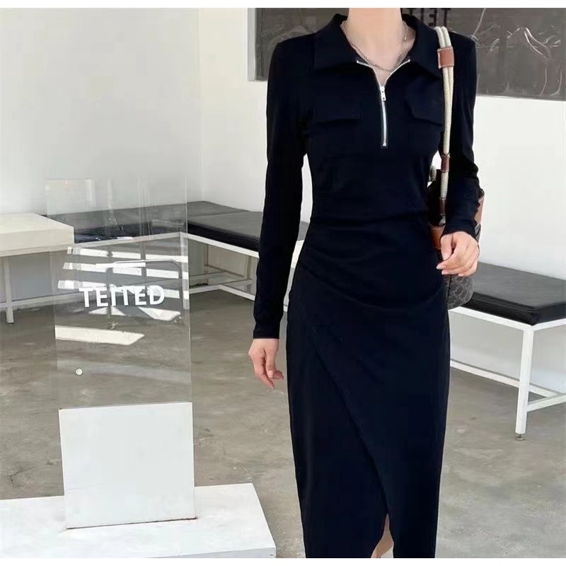 IELGY  Đầm Đen Cổ polo Tay Dài Xẻ Tà Thời Trang Cho Nữ