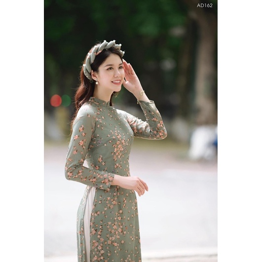 Áo Dài Hoa Nhí 4 Tà- Áo dài voan tơ 2 tone màu kèm quần