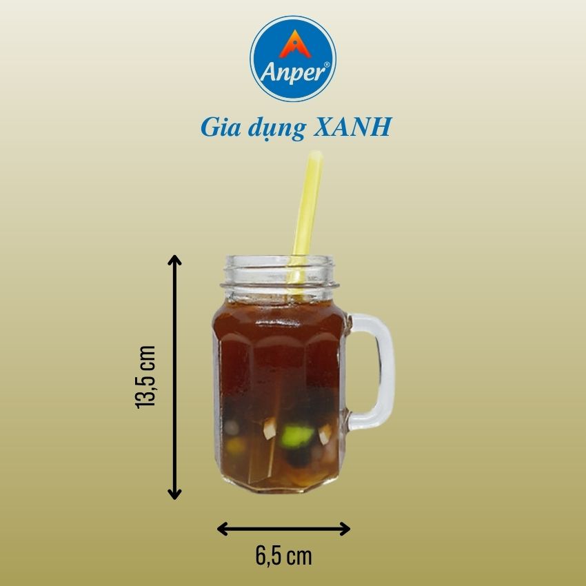 Ly Cốc Thủy Tinh Anper 450ml Cao Cấp Sang Trọng, 10 Cạnh Dễ Thương Có Quai, Có Nắp, Dùng Quán nước uống Cà phê, Sinh tố.