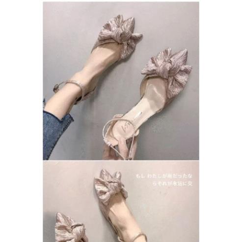 SẴN Giày Cao Gót Đế Nhọn Bít Mũi Phối Nơ Tiểu Thư