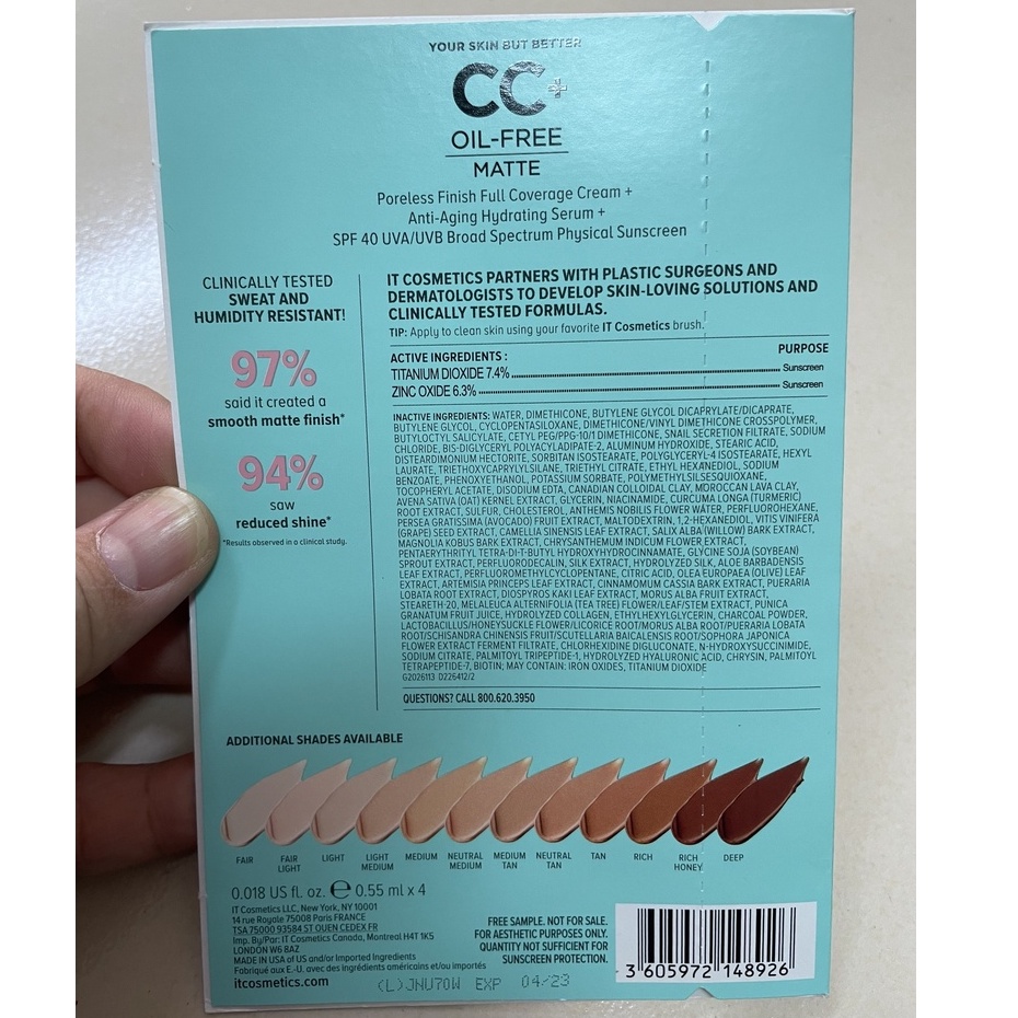 [AUTH 1000%] Sample mẫu thử Kem Nền Lì Có Chống Nắng IT Cosmetics CC+ Cream Oil-Free Matte with SPF 40