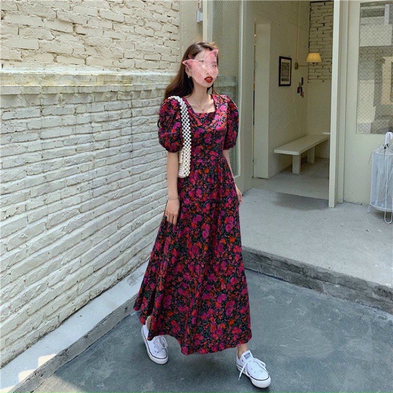 Đầm maxi tay ngắn cổ vuông xoè phồng lụa hoa TRIPBLE T DRESS -MS31MT