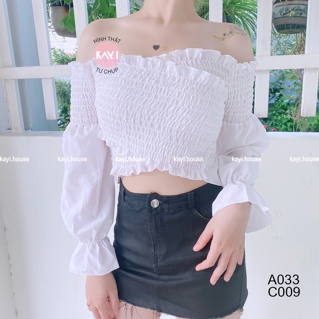 Áo Croptop Body Tay Dài KAYI HOUSE Trễ Vai Đắp Chéo Nhún Thân Viền Bèo - A033