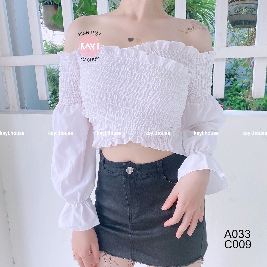 Áo Croptop Trễ Vai Đắp Chéo Nhún Thân Tay Dài 033